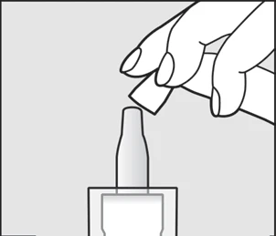 A hand holds a tilted vial to pour its contents into a container shaped like a vial with a narrow spout