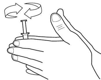 Dibujo lineal de una mano que sostiene un dispositivo médico con dos flechas curvas que indican un movimiento de rotación en sentido horario y antihorario