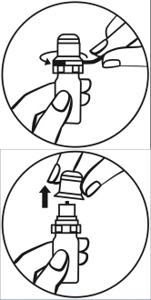 Due illustrazioni mostrano mani che ruotano e rimuovono il cappuccio superiore di un flaconcino medico tramite una freccia direzionale