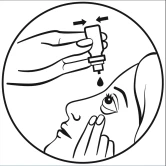 Disegno lineare di una mano che versa una goccia di liquido da un flacone nell'occhio di una persona che tiene le dita vicino al viso