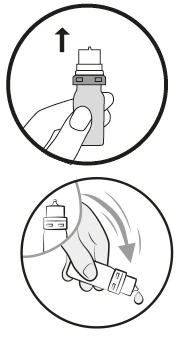 Disegno tecnico in due cerchi che mostra una mano che solleva un flaconcino verso l'alto e poi lo inclina per farne uscire una goccia