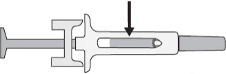 Diagramma tecnico di una siringa con una freccia nera che punta verso il basso sulla parte centrale del corpo del dispositivo