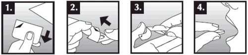 Four numbered illustrations show hands opening a package, removing the seal, and extracting a medical device