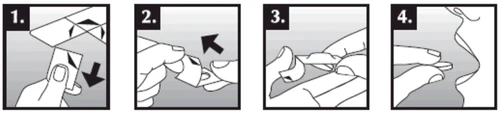 Four numbered illustrations show the steps to open a package: peeling off the flap, pulling the tab, separating the sides, and removing the product