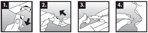 Sequence of four illustrations showing hands opening and separating the wrapper of a medical device by tearing and folding