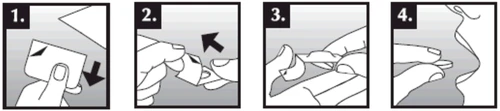 Four numbered illustrations show hands opening a package, unrolling a device, and applying it to the skin of the body