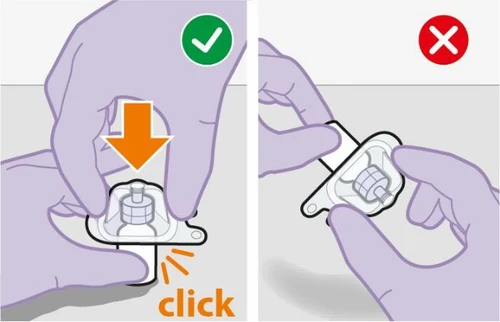 Two illustrations showing gloved hands pressing a medical device with an orange arrow and the word 'click' next to a green checkmark