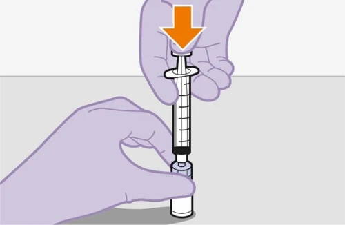 Two stylized hands gripping a syringe with a plunger being pressed downward, indicated by a downward orange arrow