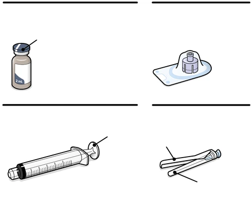 Medical illustration of a 2 ml vial, a rubber stopper, a syringe with needle, and a package of sterile wipes on a white background