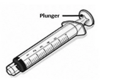 Technical drawing of a transparent syringe with graduated scale and a plunger labeled 'Plunger' in English