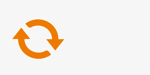 Orange symbol composed of two curved arrows forming a clockwise circle on a white background
