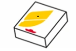 Perspective representation of a white box with a yellow wing-shaped graphic element and a small black dot at the center