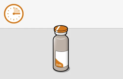 Orange clock icon with hand indicating time and a 3 ml brown medicine vial with white label on a gray background