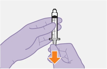 Two hands with purple gloves holding a white syringe and an orange arrow pointing downward indicating the plunger depression movement