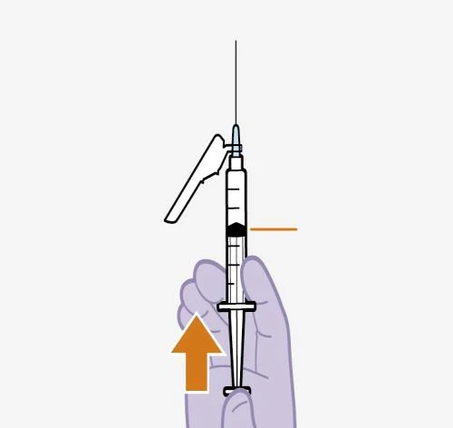 A hand holding a syringe vertically with an orange arrow pointing upward