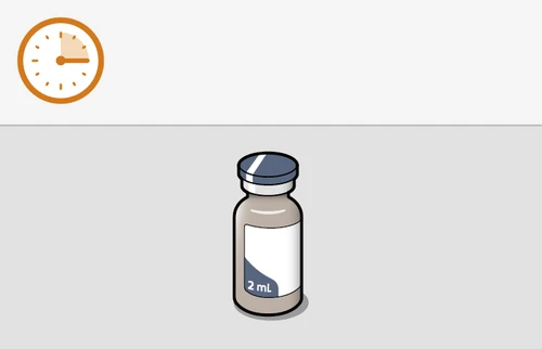 Orange clock icon with hands indicating time and a 2 ml medicine vial with blue cap on a light gray background