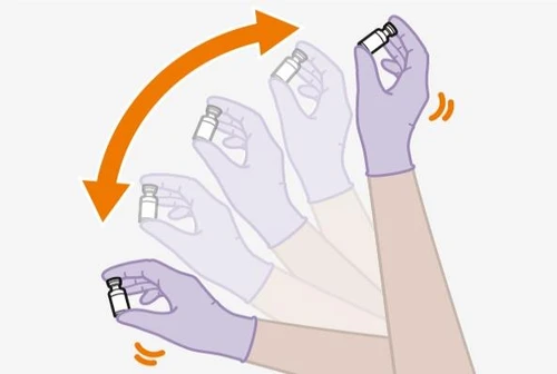 Sequence of gloved hands rotating a medication vial following an arc movement indicated by a curved orange arrow