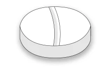 Stylized drawing of a thick, circular white tablet with a vertical score line in the center