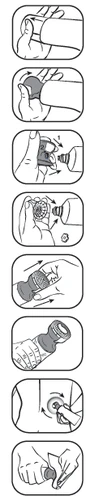 Sequence of illustrations showing hands preparing and using a medical device for the