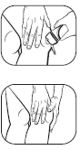 Technical drawing showing two hands applying a medical device to the upper thigh of a person in two different positions