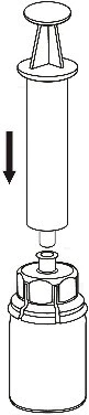 Disegno tecnico di una siringa con pistone che viene spinto verso il basso con una freccia nera per aspirare il contenuto da un flaconcino medico