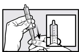 Disegno tecnico che mostra una mano che impugna una siringa per l'iniezione e un riquadro con il dettaglio del livello del liquido nel cilindro