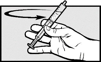 Una mano tiene una siringa in diagonale con una freccia curva sopra che indica un movimento di rotazione verso destra