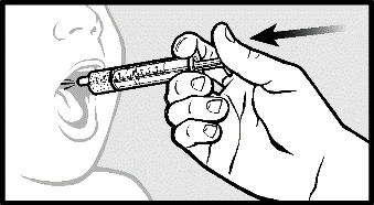Una mano tiene una siringa senza ago e la inserisce delicatamente nella bocca aperta di un bambino per somministrare il farmaco liquido