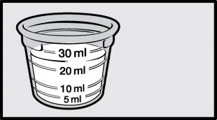 Disegno di un misurino graduato trasparente con indicazioni di volume per 5 ml, 10 ml, 20 ml e 30 ml