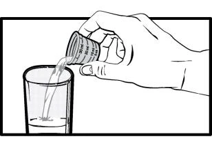 Una mano versa un liquido da un misurino graduato con scritte millilitri in un bicchiere d'acqua trasparente