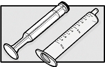 Disegno tecnico di due siringhe mediche con cilindro graduato e pistone, una con indicazione di 10 ml e l'altra con scala millimetrica