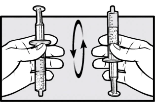 Due mani tengono una siringa in due posizioni diverse collegate da una freccia circolare che indica il movimento di rotazione dell'oggetto
