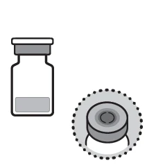 Stylized drawing of a medicine vial next to a circular rubber stopper with a gray scalloped edge on a white background