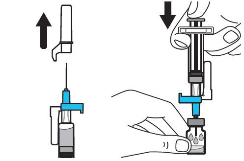 Diagram showing removal of the upper cap and subsequent pressing of the syringe plunger to inject liquid into the vial