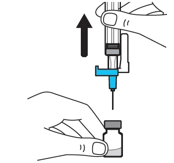 A hand vertically lifting an injection pen above a small glass vial held steady by another hand
