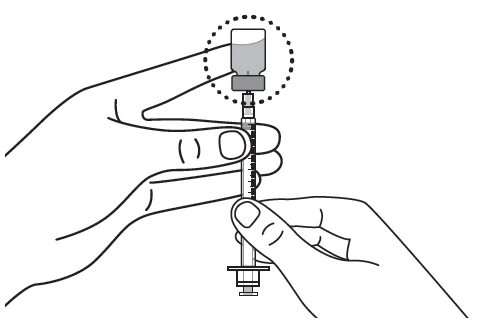 Two hands holding a syringe with a drug vial on top, enclosed by a dashed line indicating assembly