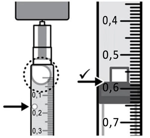 Medical diagram showing two graduated scales with arrows indicating levels 0.18 and 0.58 for precise dosage measurement
