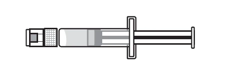 Technical drawing of a horizontal syringe with transparent barrel, gray plunger, two-winged flange grip, and tip with square cap