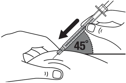 Technical drawing showing a hand holding a syringe to inject medication into the skin at a 45-degree angle indicated by an arrow