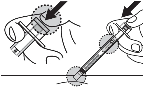 Medical diagram showing two hands holding a syringe to inject medication into different body areas with directional arrows