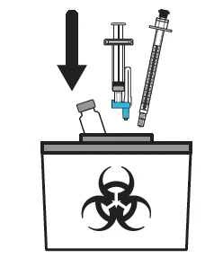 Technical drawing of a syringe and a biohazard waste container with a black downward arrow indicating disposal