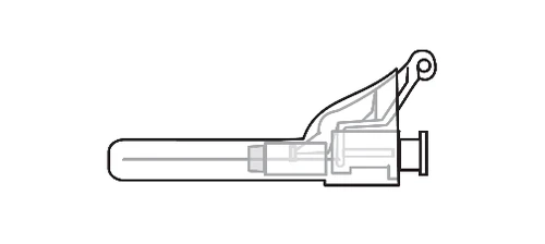Black and white technical drawing of a horizontal medical device with an upper lever mechanism and cylindrical body with cap