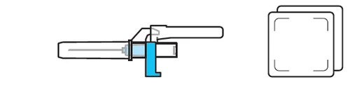 Technical diagram showing a horizontal medical device with a blue section and two overlapping square leaflets on the right