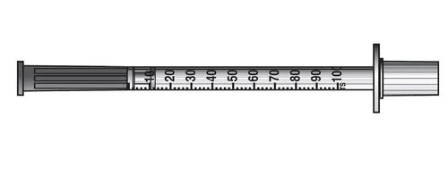 Black and white technical drawing of a horizontal syringe with scale graduated from 10 to 100 and plunger with left-side grip