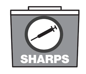 Gray sharps container with a white circle in the center containing the biohazard symbol