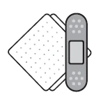 Stylized drawing of a gray adhesive bandage with rectangular central pad applied on an inclined dotted white surface