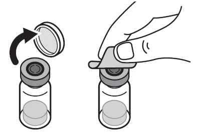Technical drawing showing how to remove the cap from a medical vial by rotating and lifting the protective layer with fingers