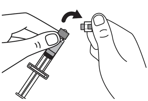 Two hands rotating and removing a syringe cap with a curved arrow indicating clockwise rotational movement