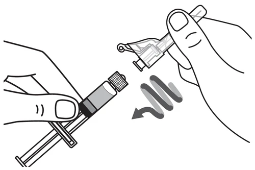 Two hands connecting a pen device to a syringe with a wavy arrow indicating the insertion movement between the two objects