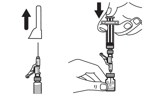 Diagram showing two steps: removing the cap with an upward arrow and subsequent action